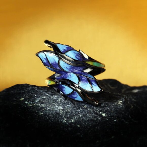 Jewelry ring statement flower nature blue black fashion brand new stylish - Picture 4 of 5